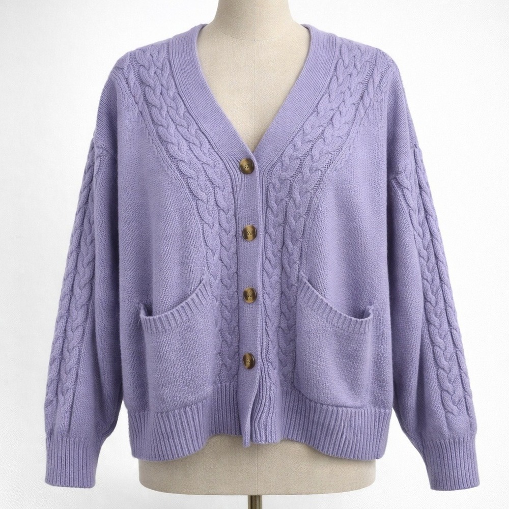 Cable Knit Button Oversized Cardigan Size L‎ Purple Pockets Cottagecore Preppy